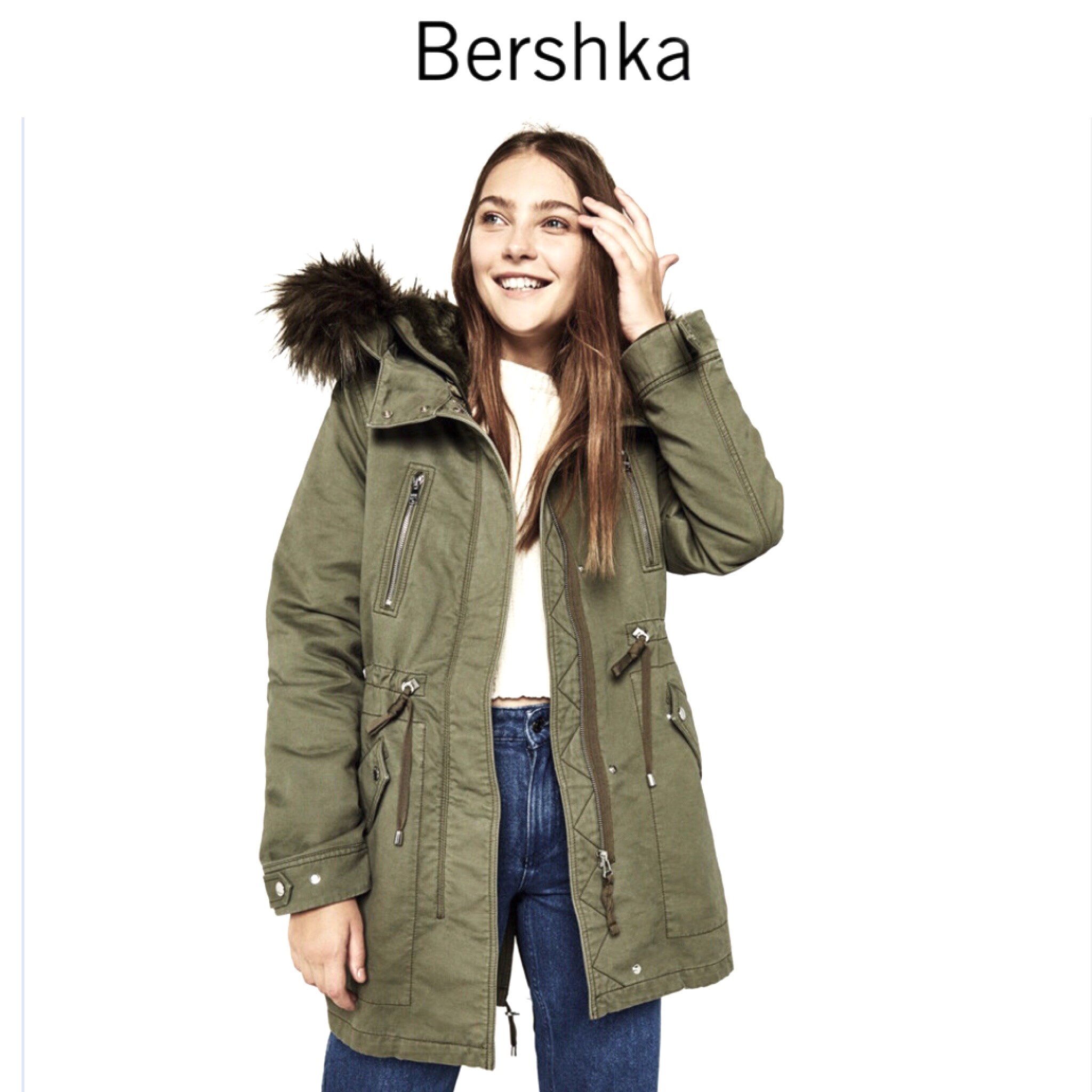 เสื้อโค้ทฮูท BERSHKAกันหนาว Parka สีเขียวแต่งขนเฟอร์ ซับขนอุ่นด้านใน (เฟอร์ & ขนอุ่นด้านใน ถอดได้คะ) งานสวย บุนวมอุ่น ใส่ติดลบได้เลยคะ Size XS/S/M/ L เขียว