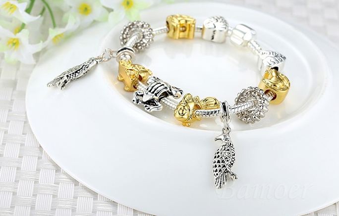 สร้อยข้อมือ Diy สไตล์ Pandora สร้อยข้อมือ ผู้หญิง Hand made ร้อย charm สีทอง สลับเงิน ธีม สวนสัตว์ จี้นก กบ ปลาทอง 268423