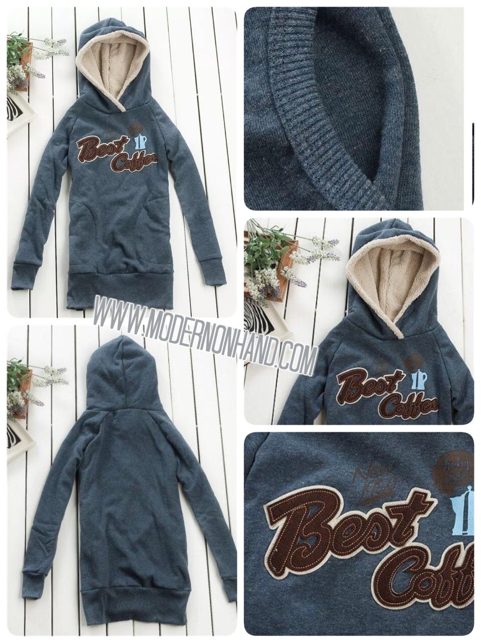 เสื้อหนาว ติดฮูท สีน้ำเงินคราม แขนเอวจั๊ม ซับขนด้านใน