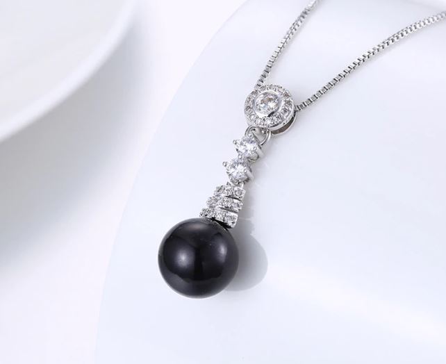 สร้อยคอ ผู้หญิง สร้อยเงิน พร้อมจี้ ไข่มุก สีดำ Black pearl ตกแต่งด้วย เพชร CZ AAA ทรงยาว 236306