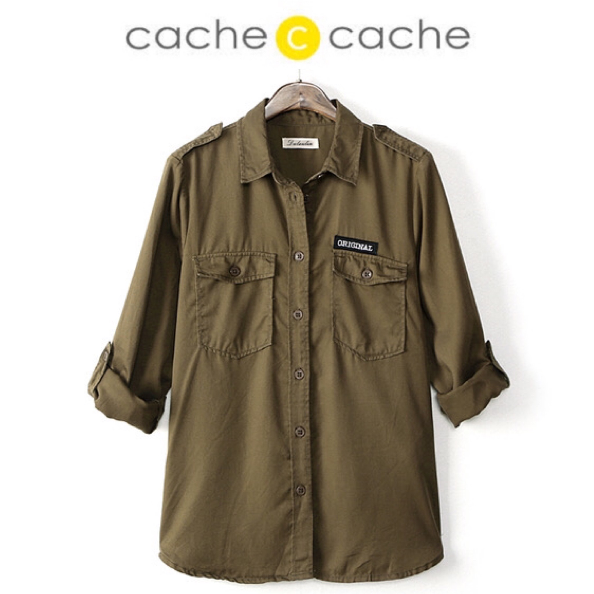 Cache cache เสื้อเชิ้ต เสื้อคลุมเขียวทหาร ทรงสวย เท่ห์มากคะ งานสวย แนวสุดๆ เชิ้ตเขียวมะกอก Size XS/S/M/L/XL (Original) แบรนด์CACHE CACHE เขียวทหาร