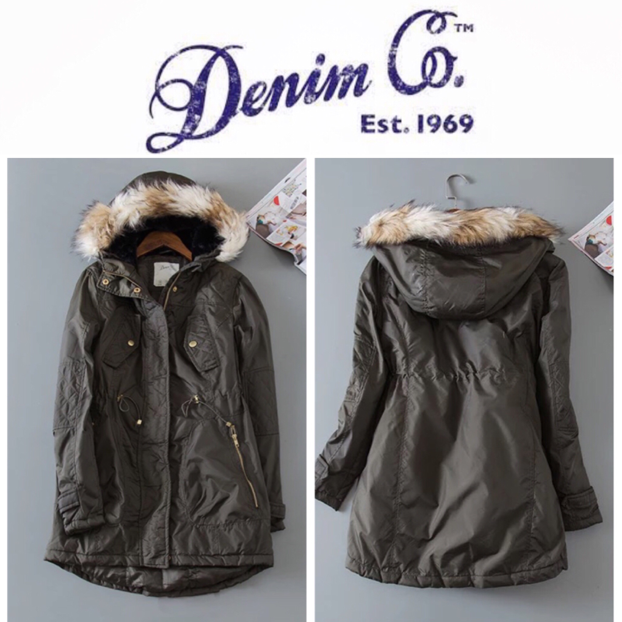 เสื้อนอก เสื้อหนาวฮูท โค้ทฮูท เขียวทหาร แบบรนด์เนม DENIM CO. แท้100%แต่งขนเฟอร์ปลายหมวก สวยเท่ห์มากคะ