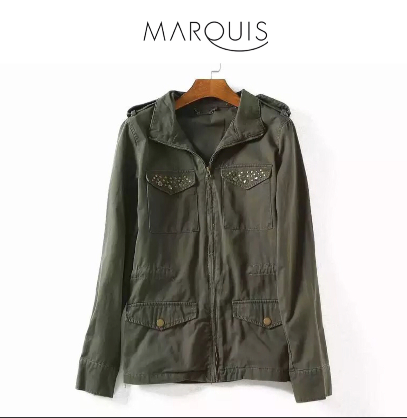 Marquis เสื้อทหาร เสื้อคลุม แนวทหาร สีเขียว แต่งหมุด สวยแนว คะ size M/L/XL เขียวทหาร