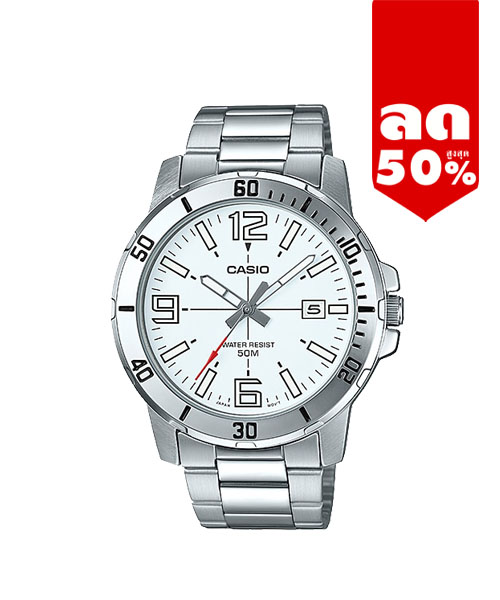 CASIO นาฬิกาคาสิโอ นาฬิกาข้อมือ นาฬิกากันน้ำ นาฬิกาของแท้ ประกันศูนย์ CMG 1 ปี รุ่น MTP-VD01D-7B นาฬิกาสีเงิน