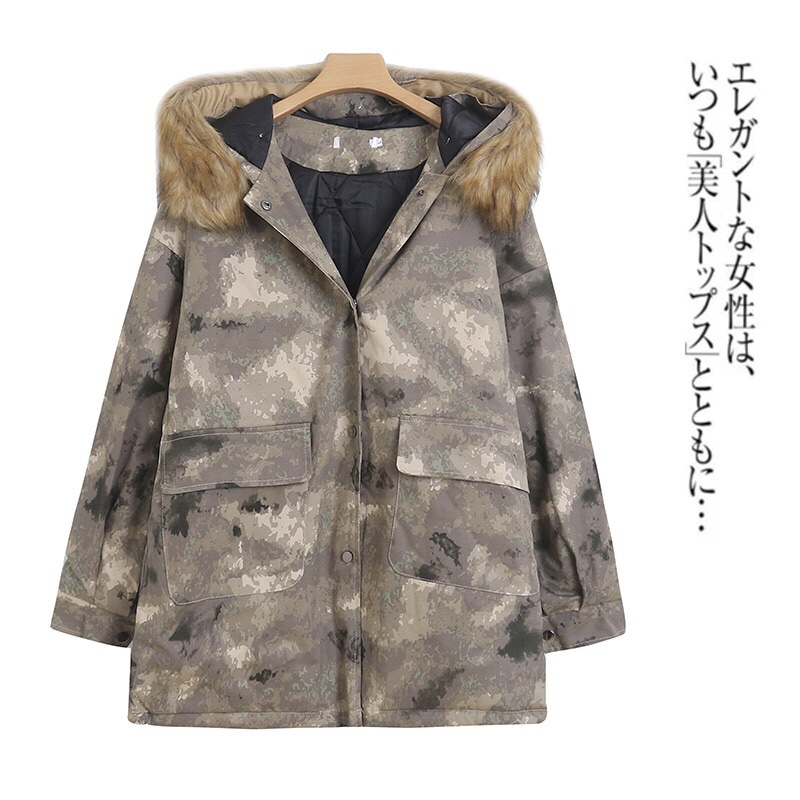 Victory เสื้อกันหนาว เสื้อฮู้ดเฟอร์ บุนวมอุ่น แบรนด์ victory over siZe bomber jacket (ขนเฟอร์ถอดได้ค่ะ) ลายพราง