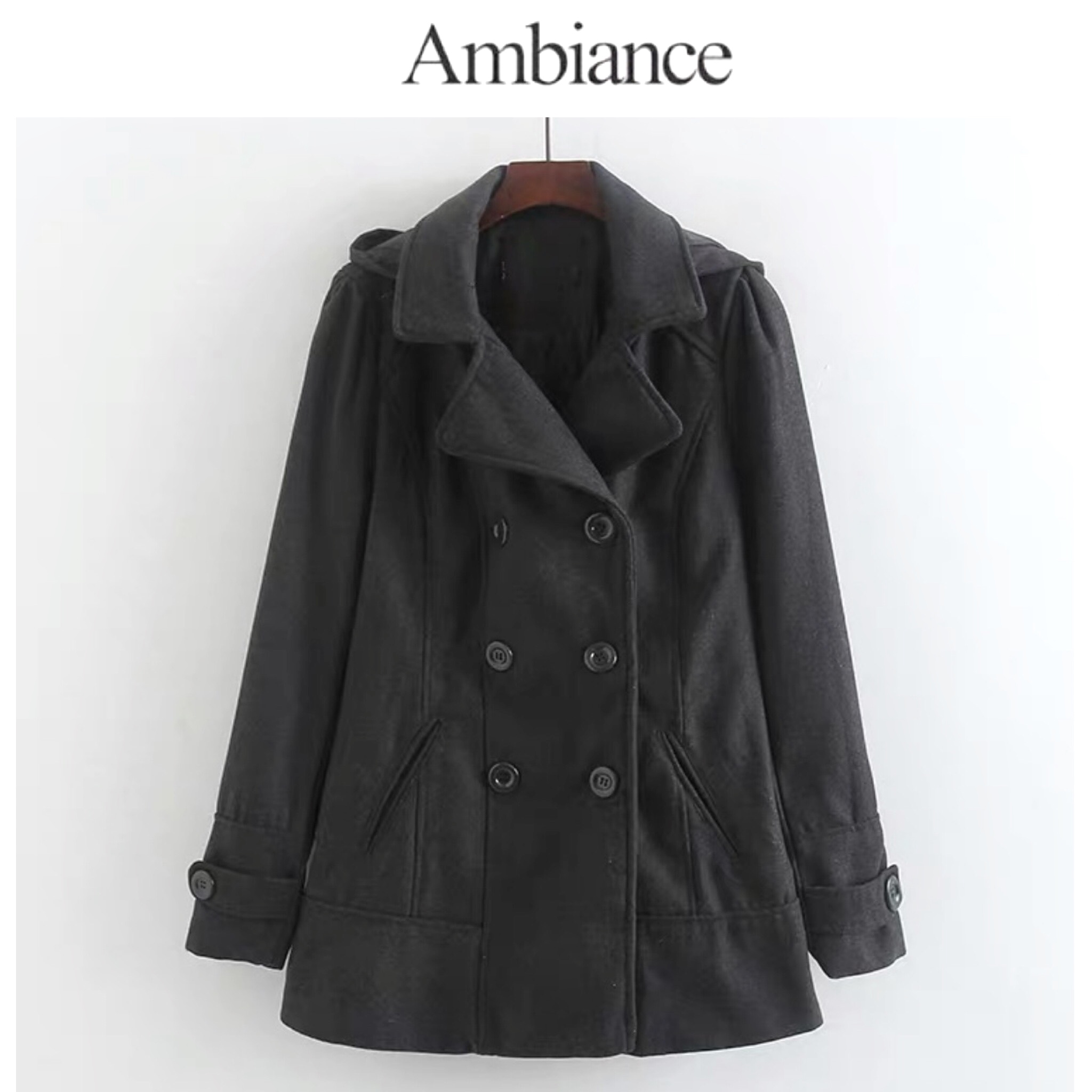 Ambiance เสื้อโค้ท กันหนาว Pea coat ผ้าสักหลาดวูล สีดำ ยี่ห้อ AMBIANCE (Japan) (หมวกฮู้ดถอดได้ค่ะ) ดำ