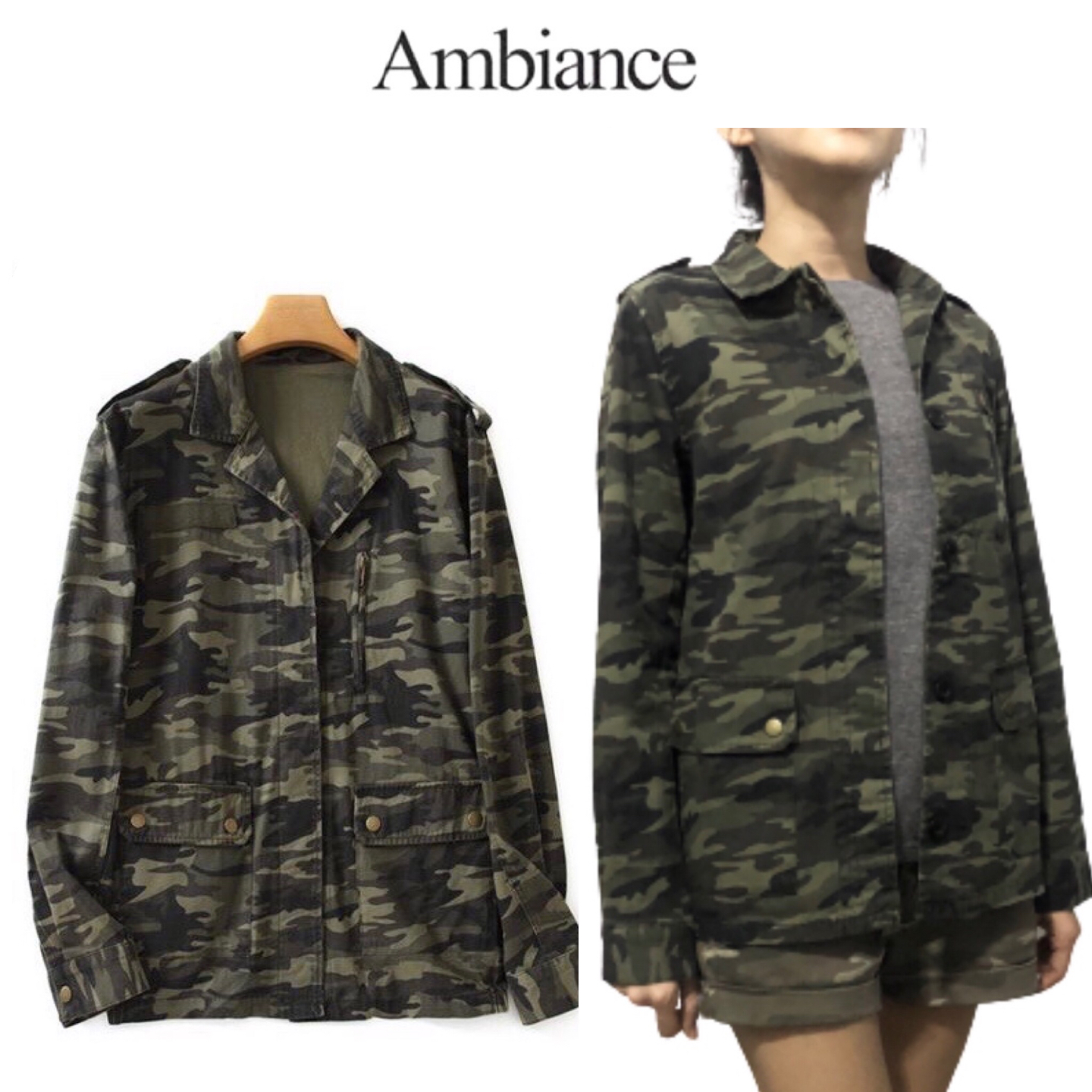 Ambiance เสื้อทหาร เสื้อแจ็คเก็ตเขียวทหาร เสื้อนอกแนวทหาร ambiance แพทเทินสวย เท่ห์มาก คะ สำเนา สำเนา เขียว