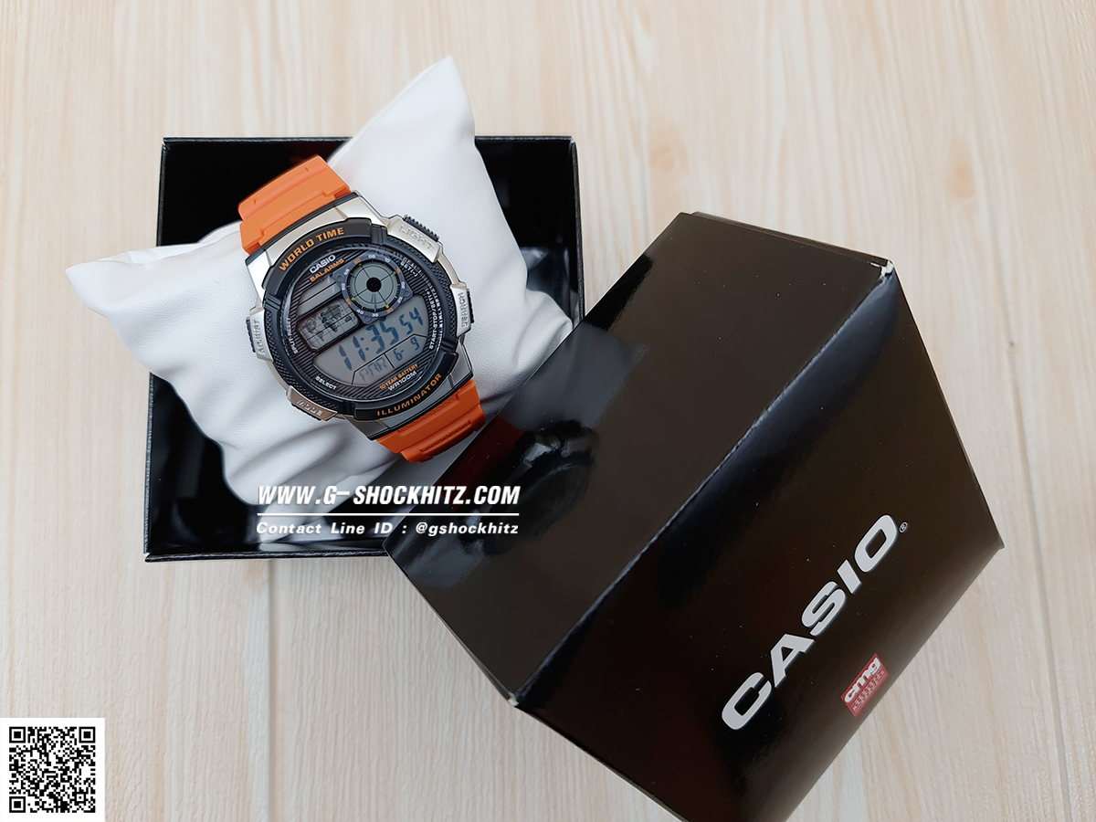 CASIO นาฬิกาคาสิโอ นาฬิกาข้อมือ นาฬิกากันน้ำ นาฬิกาของแท้ ประกันศูนย์ CMG 1 ปี รุ่น AE-1000W-4B นาฬิกาสีส้ม
