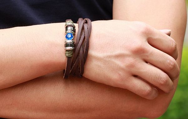 สร้อยข้อมือ หนังแท้ สไตล์วินเทจ สร้อยข้อมือ แบบวัยรุ่น ผู้หญิง ผู้ชาย สายหนังถัก ร้อยห่วงเงิน ใส่เม็ด คริสตัลแท้ สีน้ำเงิน เท่ ๆ 241303