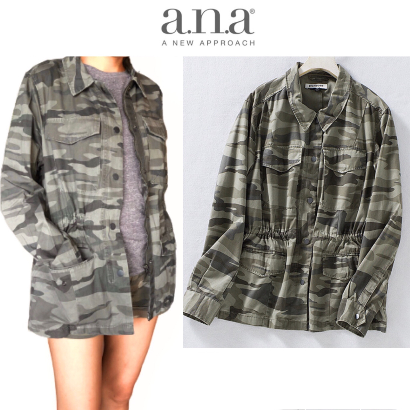 A.n.a (a new approach) เสื้อทหาร เสื้อฮู้ดเขียวทหาร เสื้อนอกแนวทหาร แบรนด์ A.n.a (a new approach) แพทเทินสวย เท่ห์มาก คะ Size S/M/L/XL สำเนา สำเนา สำเนา เขียว