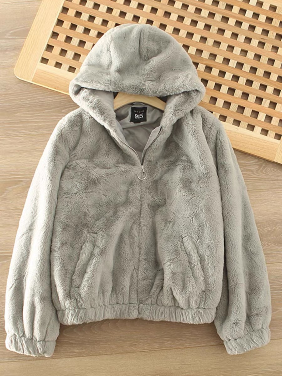 915 เสื้อเฟอร์กันหนาว หมวกฮู้ด เสื้อขน Fluffy coat แบรนด์ New look 915สำเนา เทา