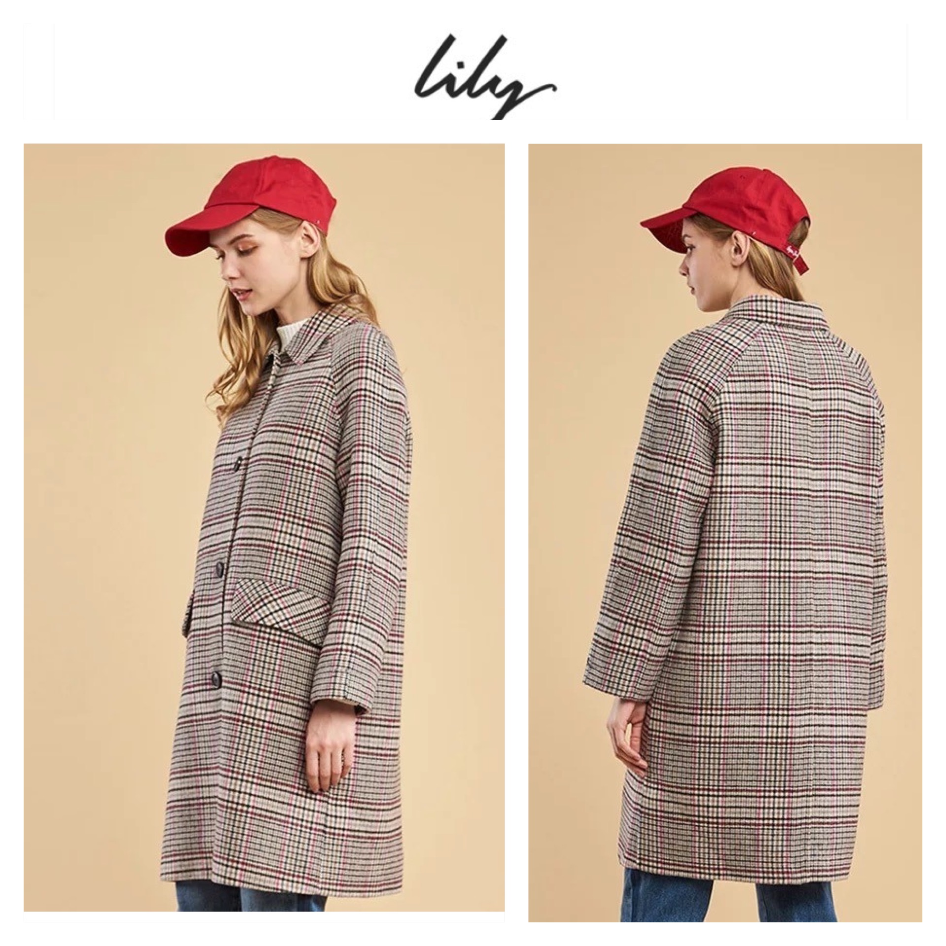 Lily เสื้อโค้ท เสื้อกันหนาว เนื้อผ้าสักหลาดวูล ลายตารางชมพูเทา แบรนด์lily