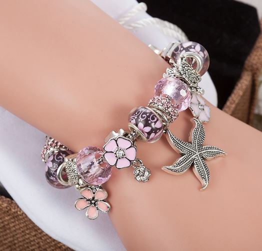 สร้อยข้อมือ Diy สร้อยข้อมือ สไตล์ แพนโดร่า สร้อยข้อมือแฟชั่น แนว สาวหวาน ห้อยจี้ ปลาดาว สลับดอไม้ สีชมพู ของขวัญให้แฟน สุดหรู 957481_1