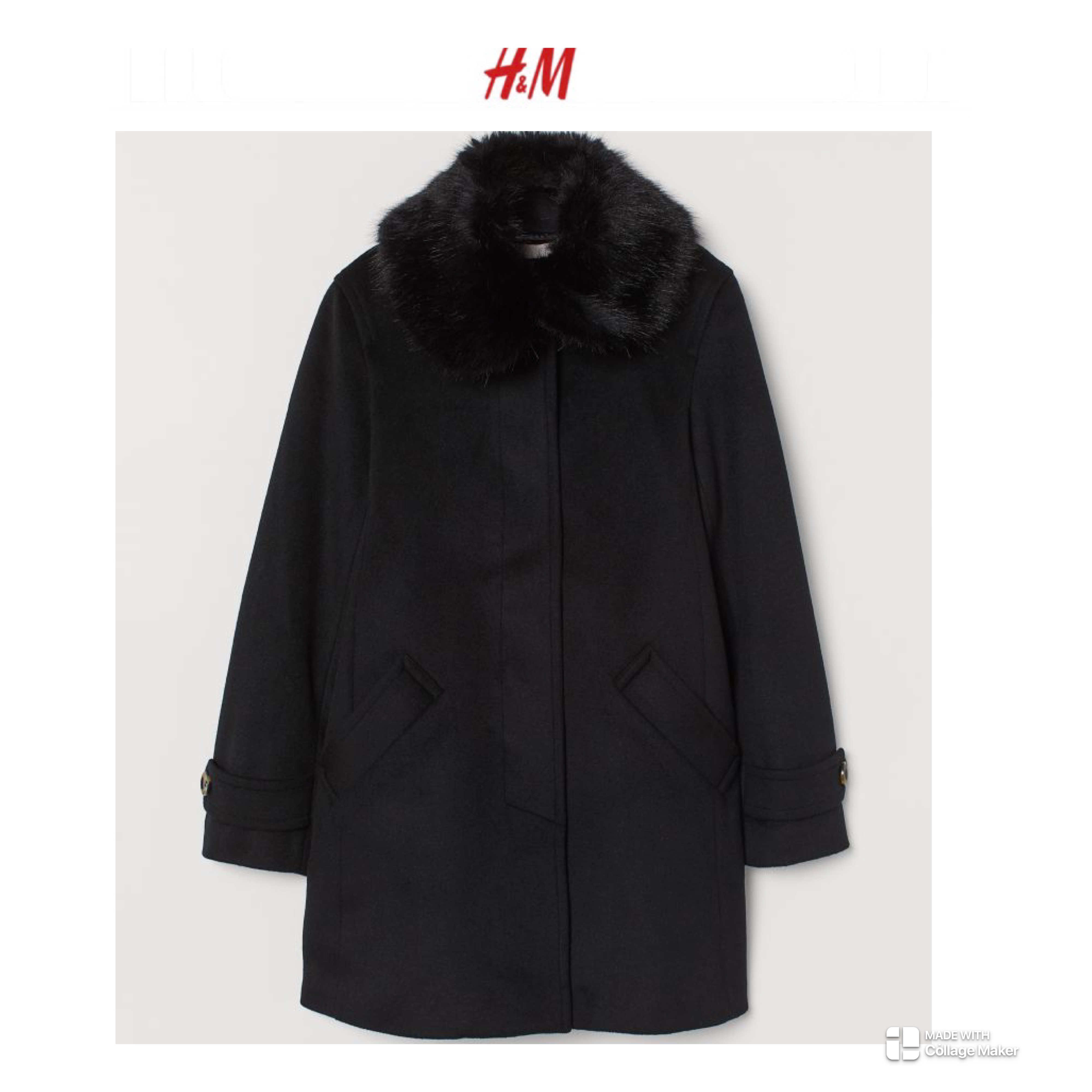 h&m เสื้อโค้ท เสื้อกันหนาว เนื้อผ้าสักหลาดวูล สีดำ แต่งปกเฟอร์แบรนด์ H&M สำเนา