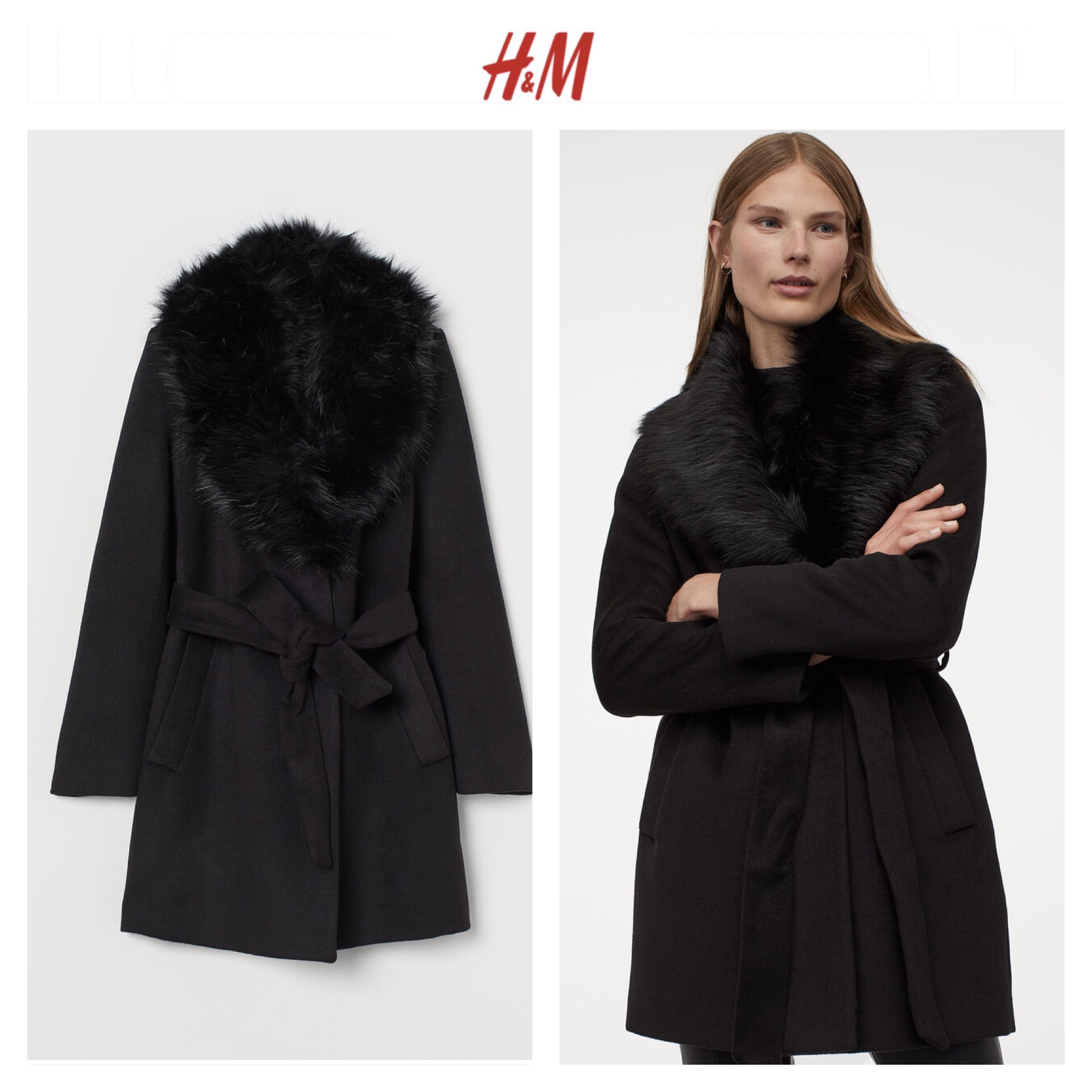 h&m เสื้อโค้ท เสื้อกันหนาว เนื้อผ้าสักหลาดวูล สีดำ แต่งปกเฟอร์(เฟอร์ถอดได้ค่ะ) แบรนด์ H&M