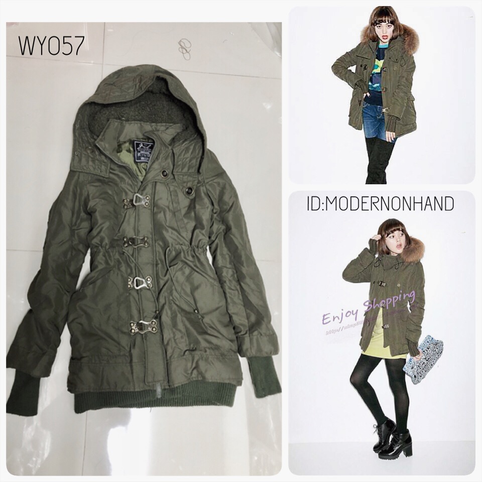 เสื้อกันหนาว เสื้อคลุมกันหนาว เสื้อโค้ด coat ตัวยาว สีเขียวทหาร ติดฮูท ซับขนด้านใน แบรนด์เนมGRAIL แท้ . Size M