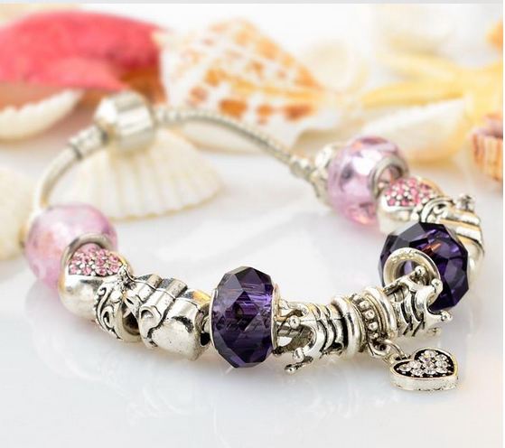 สร้อยข้อมือ Diy สไตล์ Pandora สร้อยข้อมือ Hade made ใส่ คริสตัล ออสเตเรีย เม็ดใหญ่ สีม่วง สลับ Charm รูป ช้าง มงกุฏ และ จี้ หัวใจ สีเงิน 819818