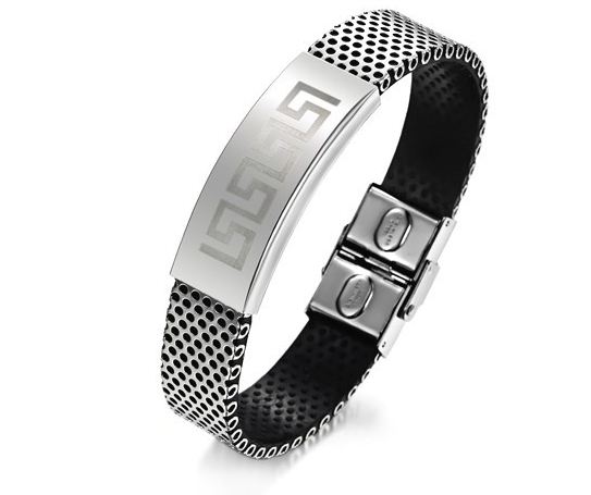 สร้อยข้อมือผู้ชาย สร้อยข้อมือ 316L Stainless Steel เคลือบลงบน หนัง Pu ดีไซน์ ลายเป็นจุด พร้อม แผ่นจี้ลาย Wall สร้อยข้อมือชาย แบบเท่ๆ 611676