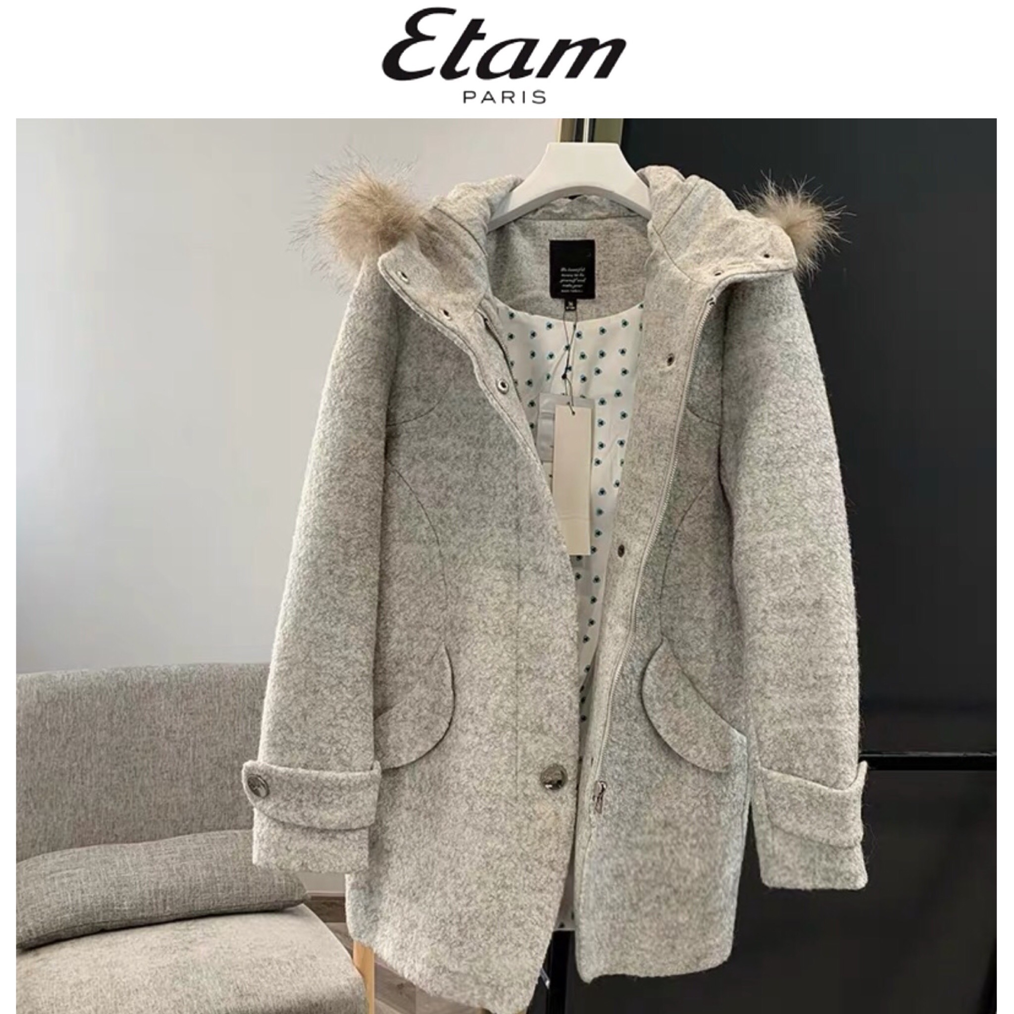 Etam เสื้อโค้ทฮู้ด กันหนาว เนื้อผ้าสักหลาดวูล ผสมขนแกะ สีเทาอ่อน มีซับในอย่างดี เทาอ่อน