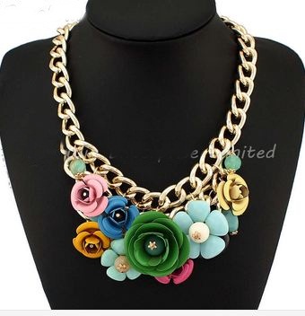 สร้อยคอสไตล์ วินเทจ ลายดอกไม้สีฟ้าสลับสี เส้นใหญ่ A001