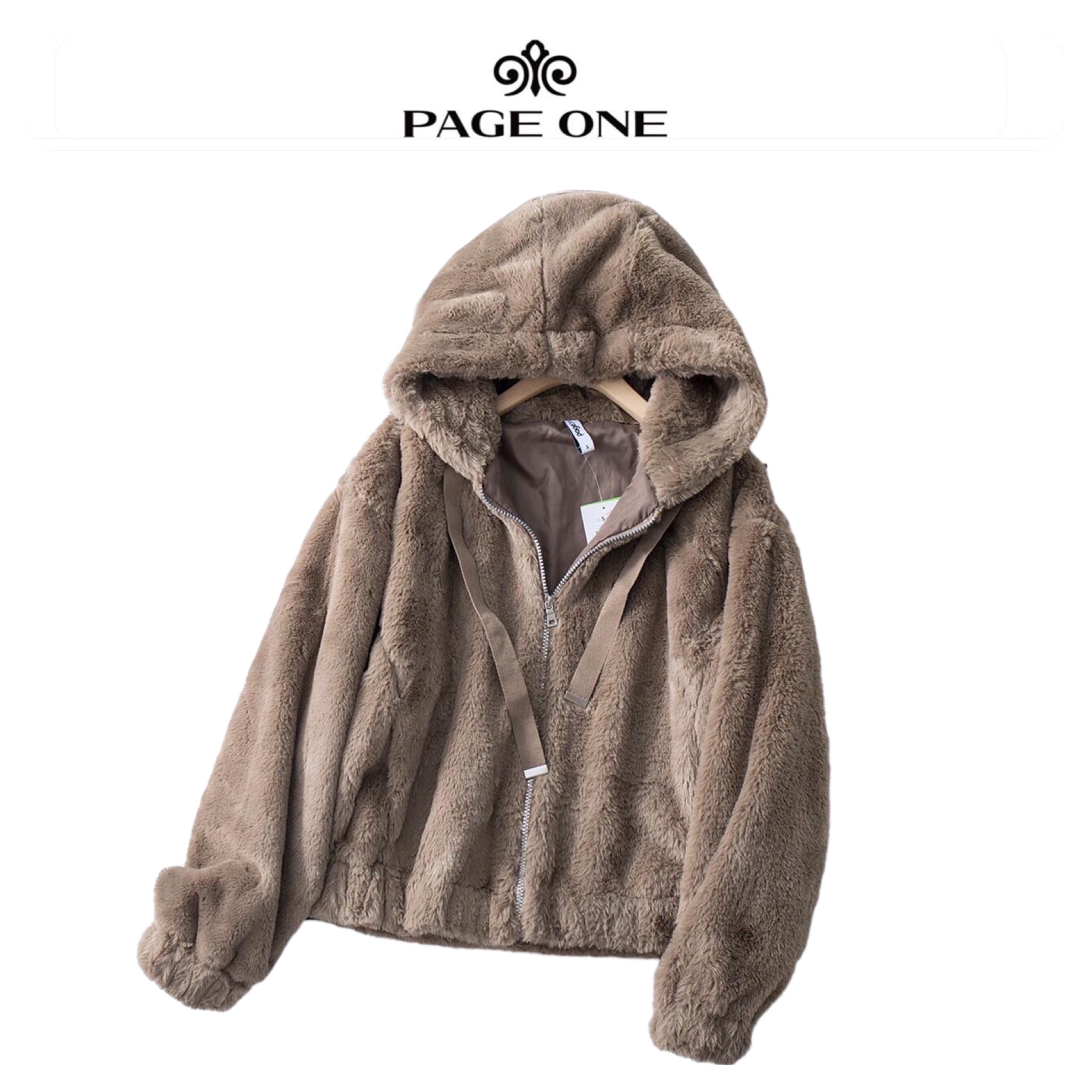 Page one เสื้อเฟอร์กันหนาว หมวกฮู้ด เสื้อขน Fluffy coat แบรนด์ page One ดำ