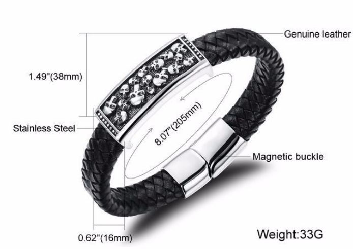 สร้อยข้อมือผู้ชาย กำไลข้อมือ ผู้ชาย สายหนังแท้ หนังถัก สีดำ ใส่ Stainless ลายหัวกะโหลก สร้อยข้อมือ แนว ร็อค สวยเก๋ ผู้หญิง ผู้ชาย ใส่ได้ 315708