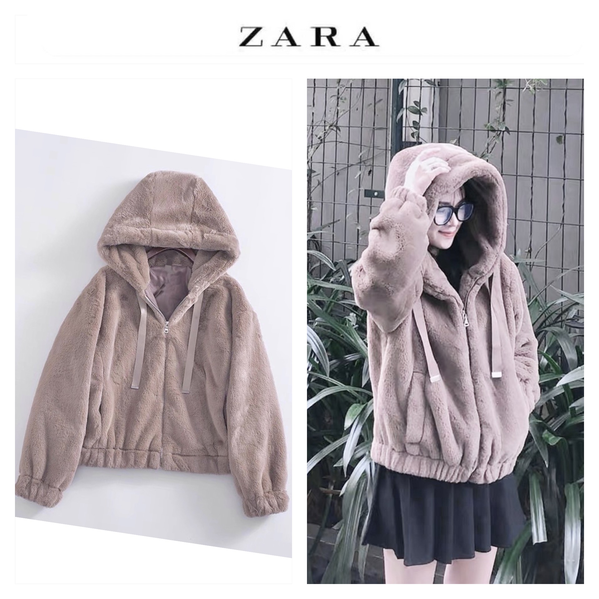 Zara เสื้อเฟอร์กันหนาว หมวกฮู้ด เสื้อขน แบรนด์zara สำเนา ดำ