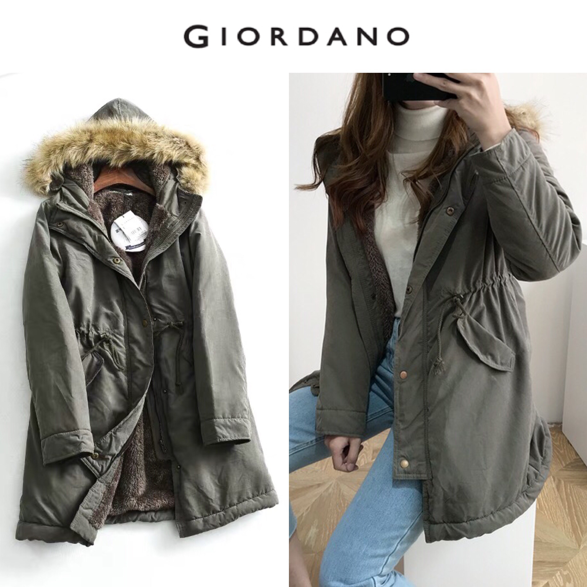 Giordano เสื้อโค้ทเฟอร์กันหนาว เสื้อฮู้ดปาร์กา โค้ทสีเขียว แต่งเฟอร์ (เฟอร์ถอดได้คะ) แบรนด์GIORDANO เขียว