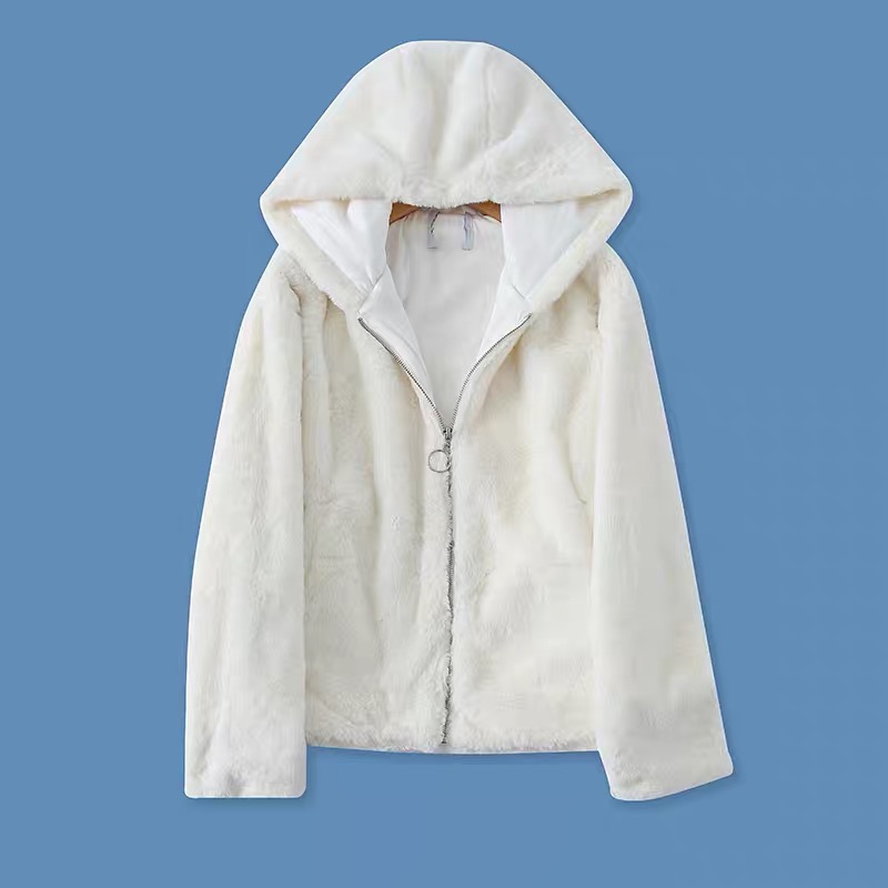 Forever21 เสื้อเฟอร์กันหนาว หมวกฮู้ด เสื้อขน แบรนด์ forever21 (FLUFFY COAT) ขาว