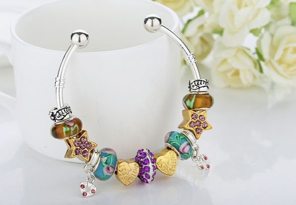 สร้อยข้อมือ Diy สไตล์ Pandora กำไลข้อมือ แต่ง สีเงิน แต่งชาร์ม หัวใจ สีทอง ดาว ติด คริสตัล ออสเตเรีย แสนสวย Glass Bead สีฟ้าคราม 415773_1