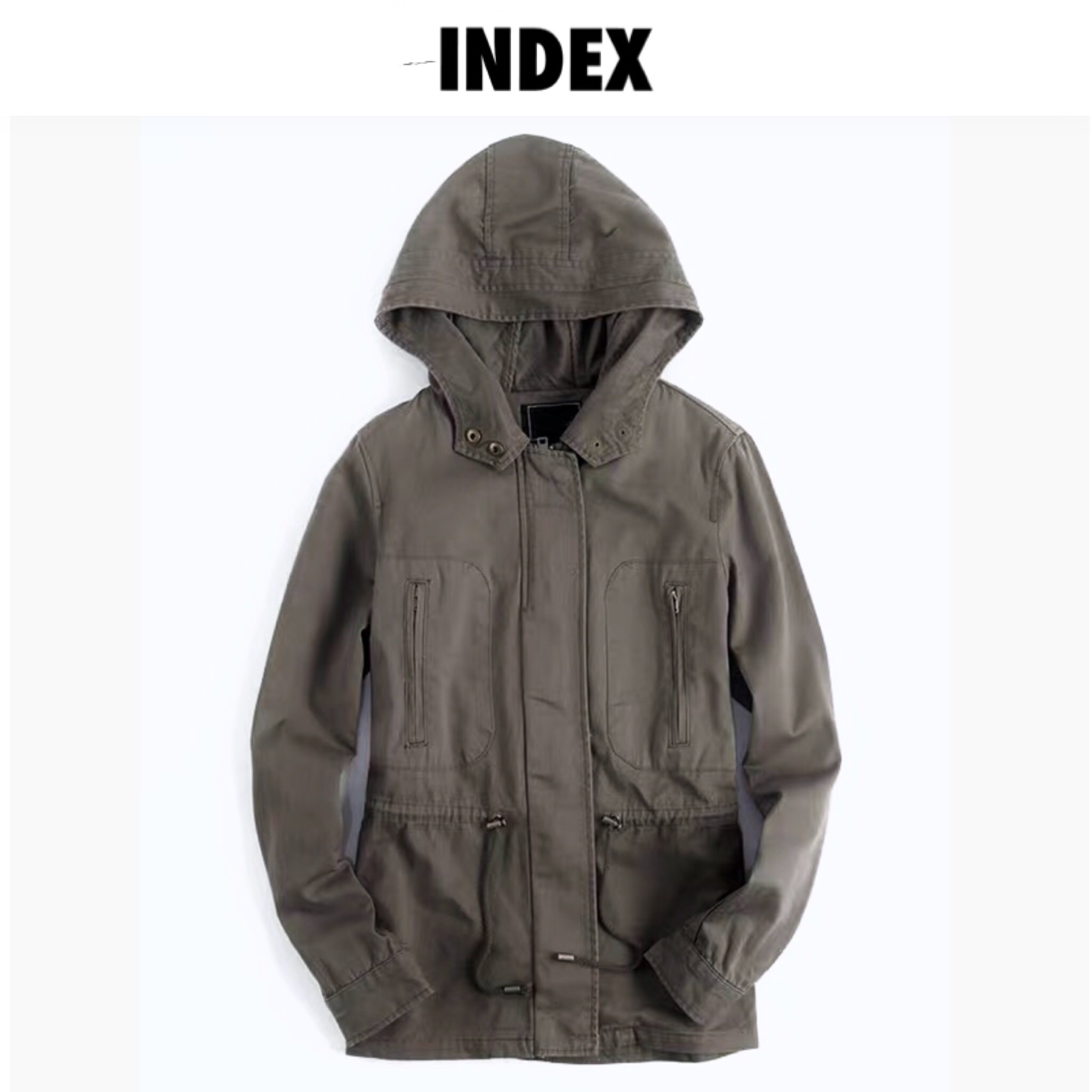 Index เสื้อฮู้ดทหาร เสื้อคลุม สีเขียวอมเทา หมวกฮู้ด เสื้อปาร์กา เสื้อ นอก งานสวย เท่ห์มากคะ Size S/M/L/XL เขียวเทา