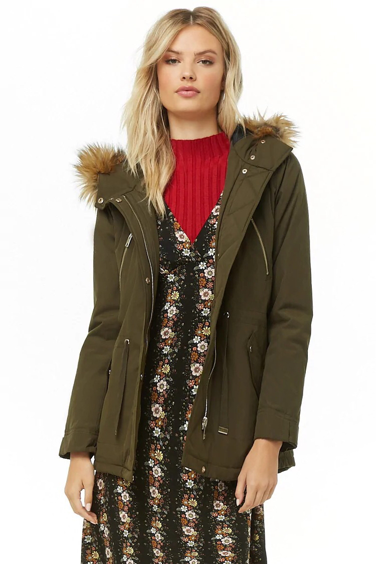 Forever21 เสื้อโค้ทฮู้ดกันหนาว เสื้อปาร์กา parka สีเขียว แต่งเฟอร์ แบรนด์ FOREVER21 เขียว