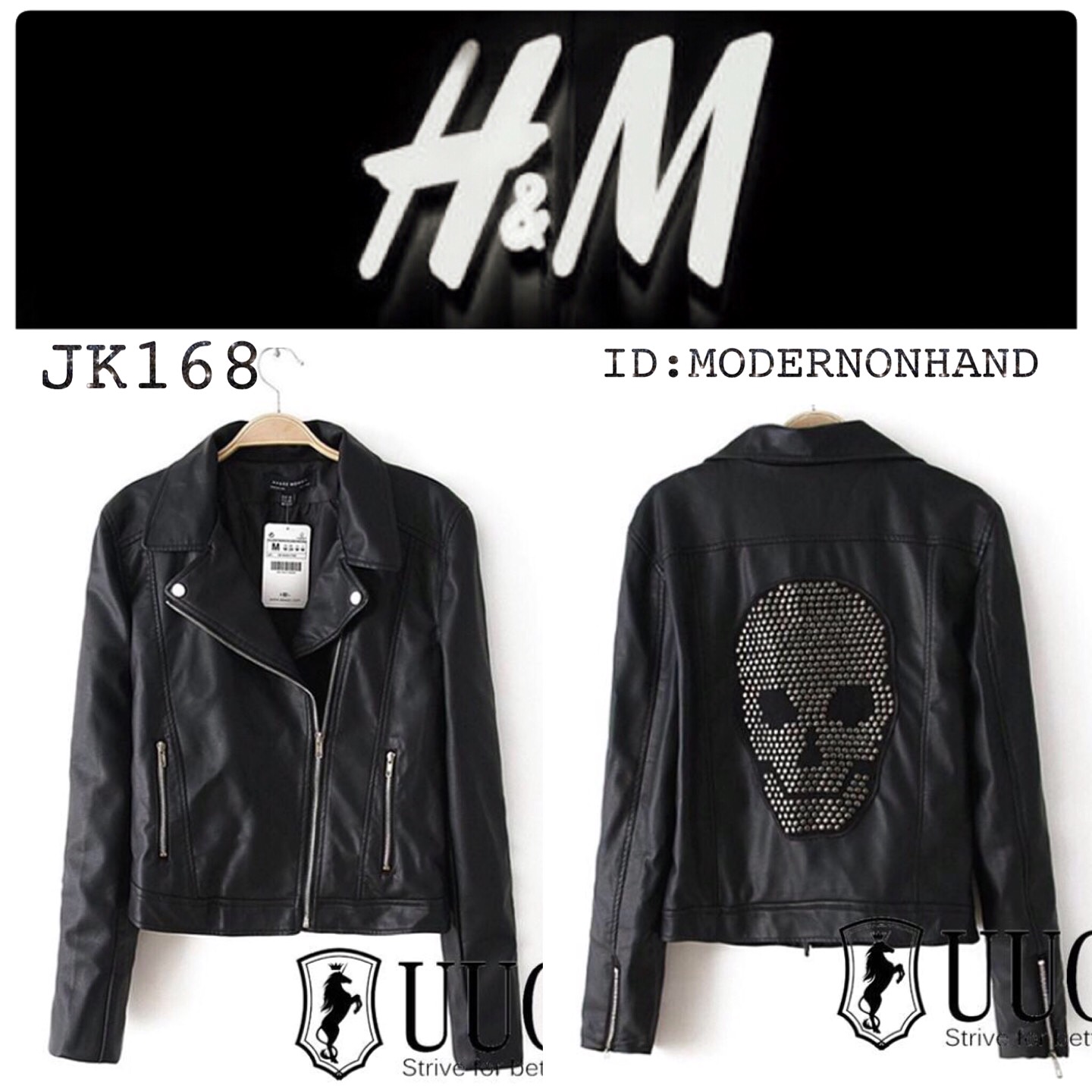 เสื้อแจ็คเก็ตหนัง เสื้อหนัง H&M แท้100% ด้านหลัง แต่งหมุดเงินลายกระโหลก สวยเท่ห์ เปรี้ยว มากๆคะ