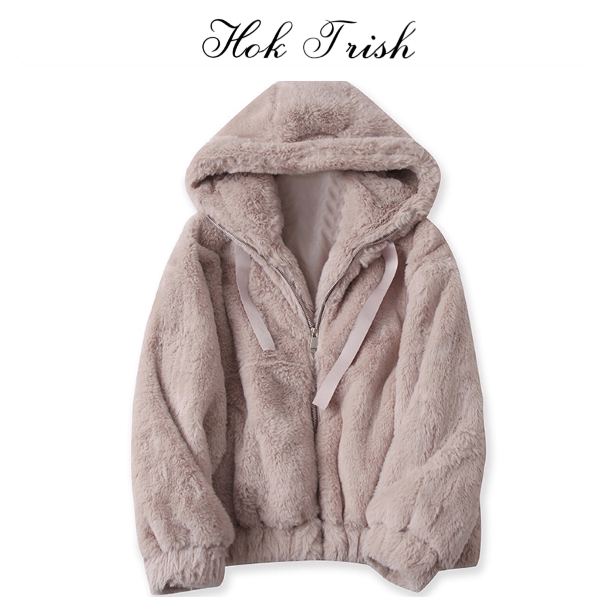 Hok trish เสื้อเฟอร์กันหนาว หมวกฮู้ด เสื้อขน (FLUFFY COAT) แบรนด์ HOK TRISH ครีม/ชมพูนู้ด