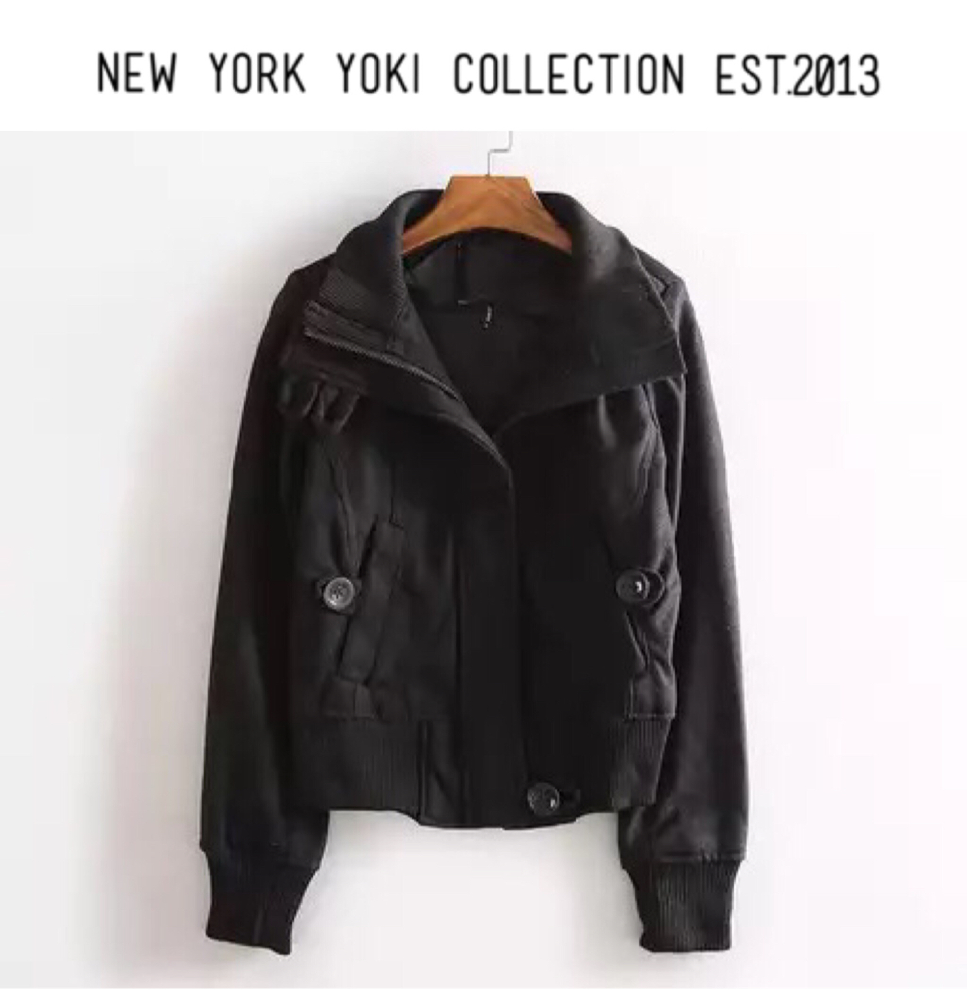 New york yoki collection est.2013 เสื้อนอก เสื้อคลุม เสื้อกันหนาว ผ้าสักหลาด ทรงแจ็คเก็ต สวยเท่ห์ แต่งแขน ขอบเอวจั๊มพ์ ดำ
