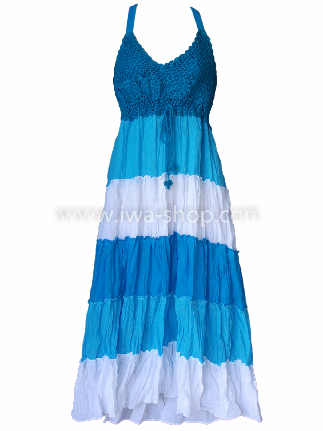 ชุดเดรสโครเชต์สลับสี ฟ้าขาว ชุดถักโครเชต์ ชุดเดรสฮาวาย ชุดฮาวายน่ารัก ชุดเที่ยวทะเล ชุดเดรสไปทะเล น่ารักๆ maxi dress ทะเล