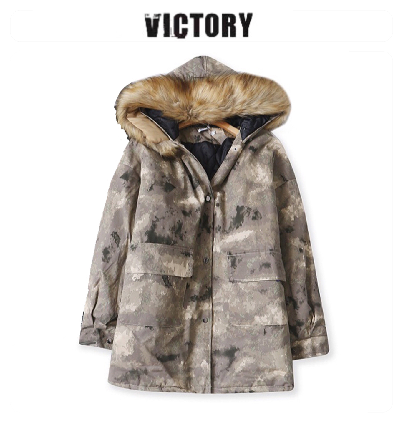 Victory เสื้อกันหนาว เสื้อฮู้ดเฟอร์ บุนวมอุ่น แบรนด์ victory over siZe bomber jacket (ขนเฟอร์ถอดได้ค่ะ) ลายพราง
