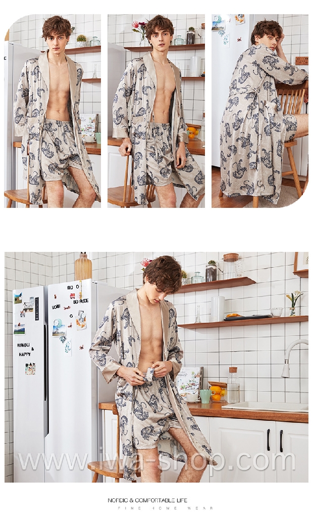พร้อมกางเกง เสื้อคลุมกิโมโน ชุดกิโมโน ชุดนอนผู้ชาย ลายเสือน้ำตาล สีเทา