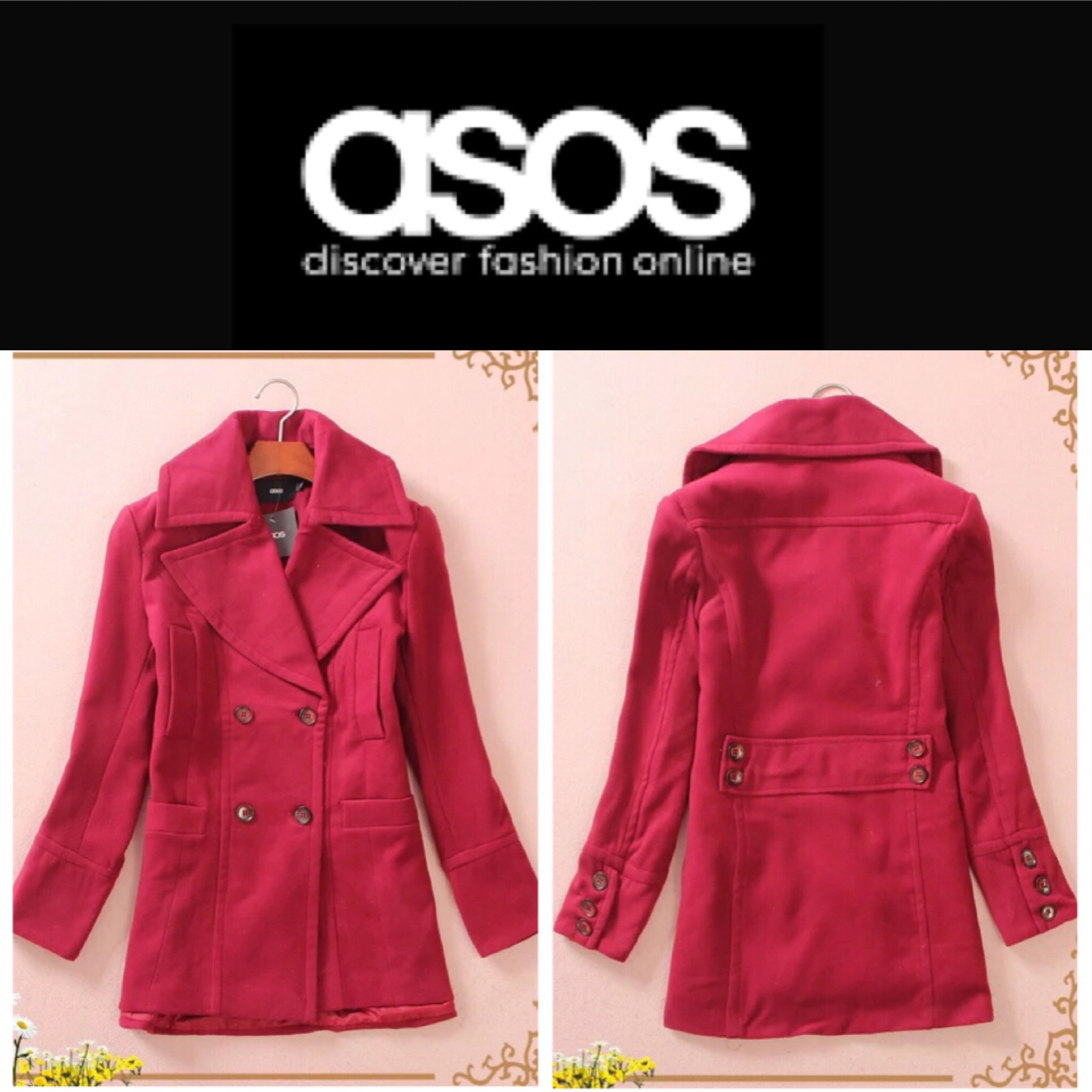 เสื้อคลุม เสื้อกันหนาว แต่งคอปกเก๋ๆ เนื้อผ้าสักหลาดสีแดง แบรนด์ดังASOS จากUK ทรงสวยหรูมากคะ Free Size (M)