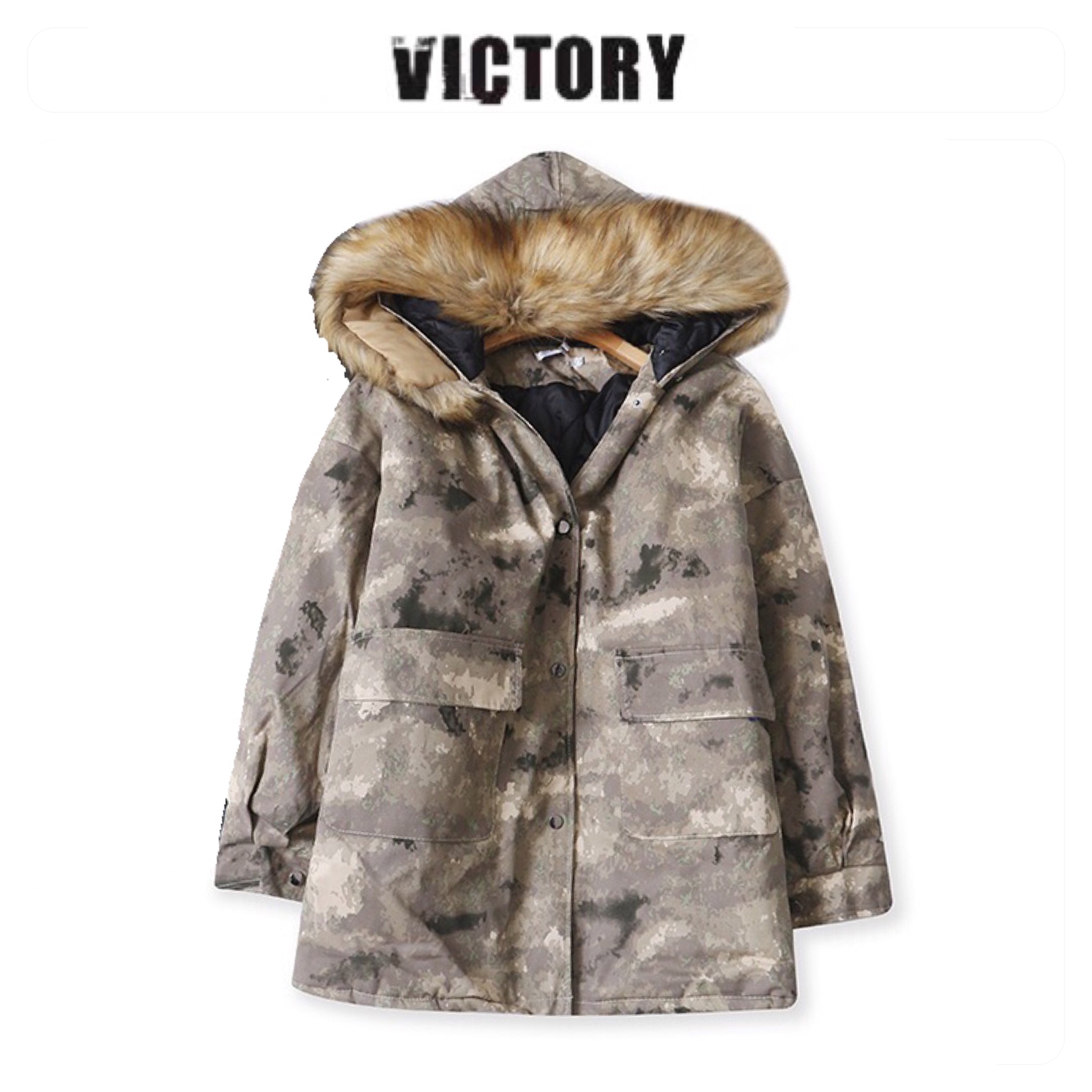 Victory เสื้อกันหนาว เสื้อฮู้ดเฟอร์ บุนวมอุ่น แบรนด์ victory over siZe bomber jacket (ขนเฟอร์ถอดได้ค่ะ) ลายพราง