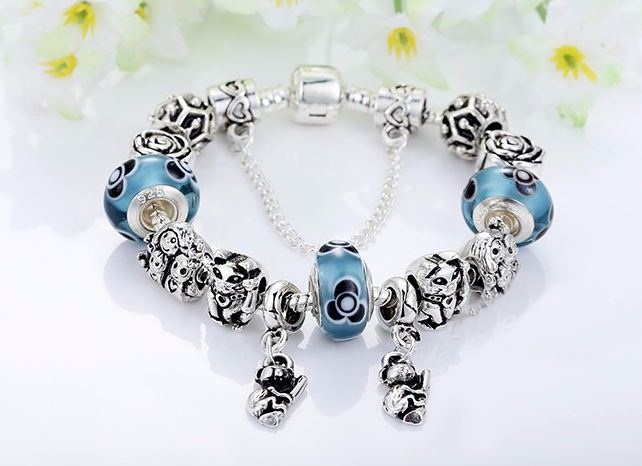 สร้อยข้อมือ Diy สร้อยข้อมือ Charm สไตล์ Pandora ร้อย Glass Beads สีฟ้า ผสม ตุ๊กตาแมวกวัก แมวญี่ปุ่น ดอกกุหลาบ สไตล์ เงินโบราณ 535383