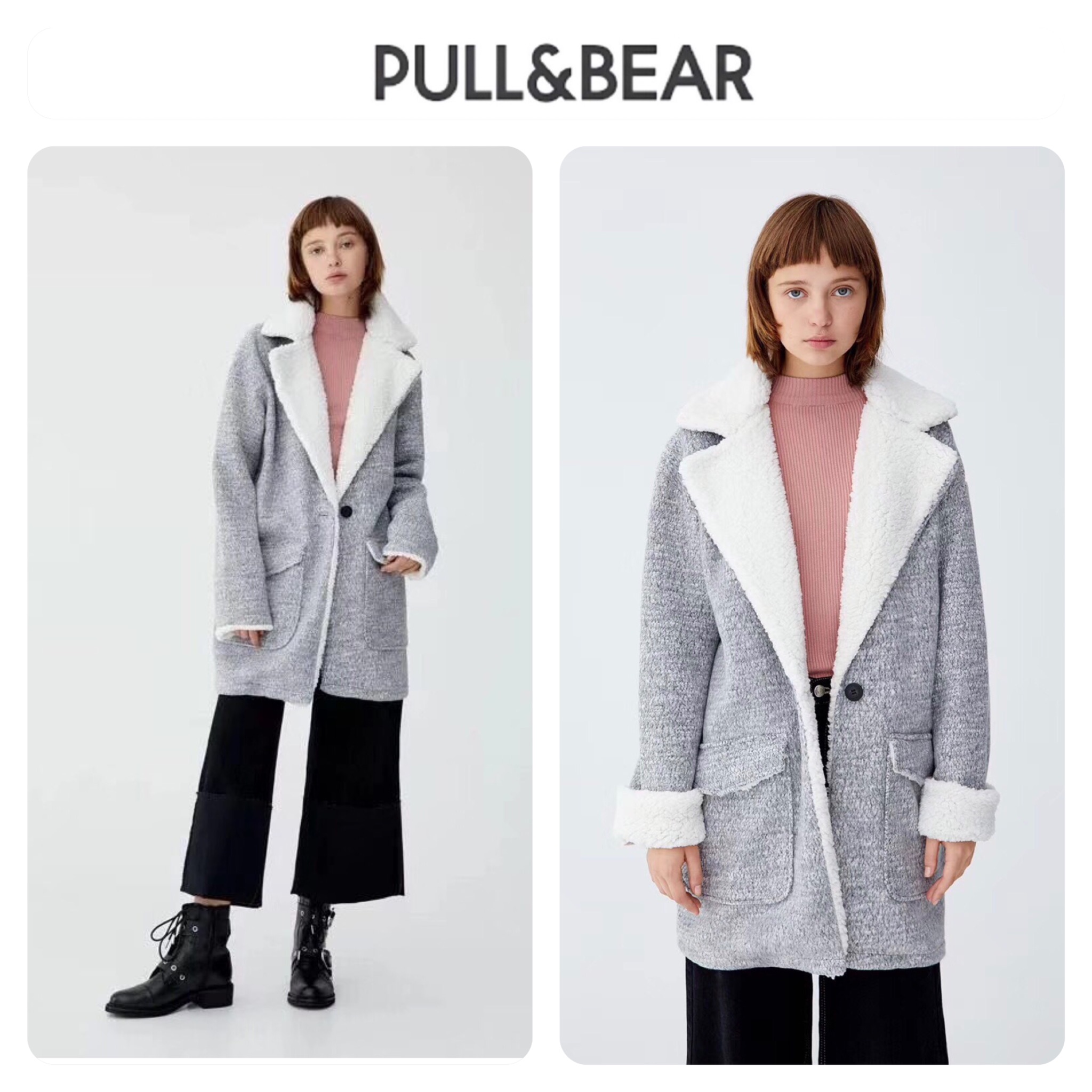 Pull&bear เสื้อโค้ท เสื้อกันหนาว เนื้อผ้าไหมพรม สีเทาอ่อน แบรนด์ Pull&bear เทาอ่อน