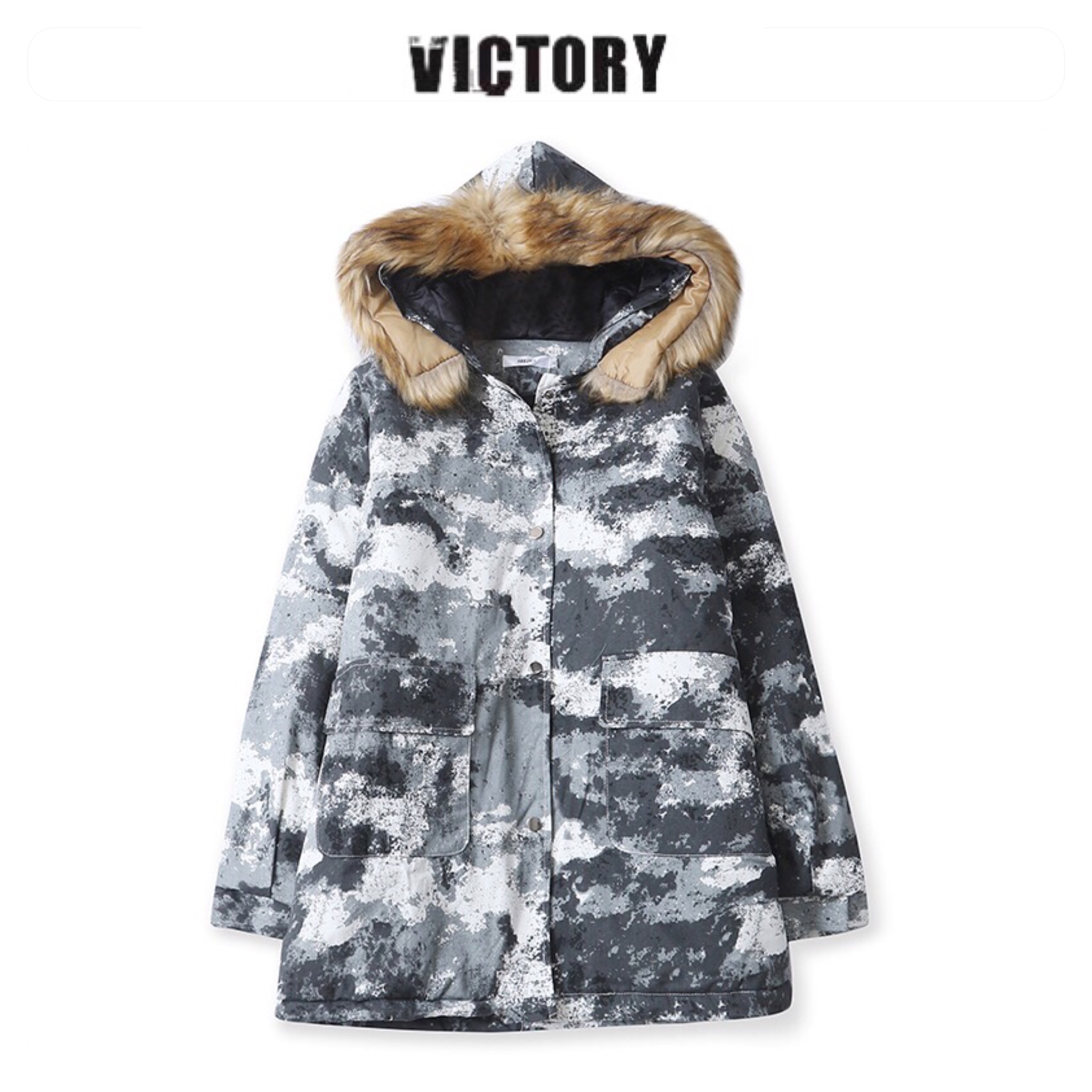 Victory เสื้อกันหนาว เสื้อฮู้ดเฟอร์ บุนวมอุ่น แบรนด์ victory over siZe bomber jacket (ขนเฟอร์ถอดได้ค่ะ) ลายพราง