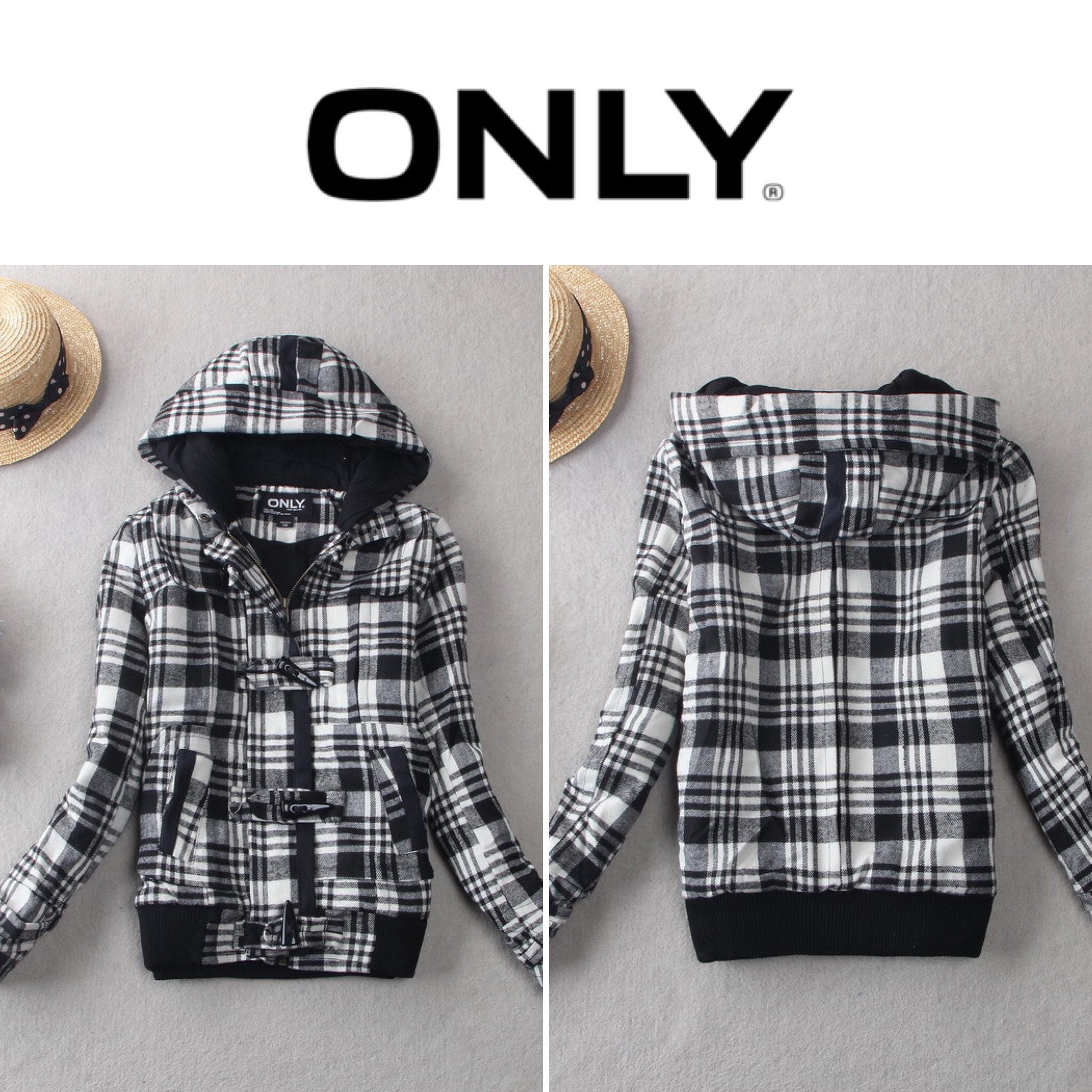 Only เสื้อกันหนาว ลายตารางขาวดำ แต่งฮูทแบรนด์เนม ONLYแท้100% แขนมีซับกันลม แบบสวย งานหรู มากคะ สินค้าญี่ปุ่น ขาวดำ