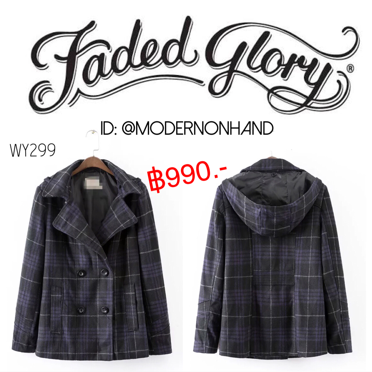 Fade Glory เสื้อกันหนาว เสื้อกันหนาวผ้าสักหลาด ลายตาราง สก๊อตเทาดำ แซมม่วง แบรนด์เนม ญี่ปุ่น FADED GLORY แท้ 100% แต่งหมวกฮูท (ฮูทถอดใส่ได้คะ) size M/L/XL สำเนา