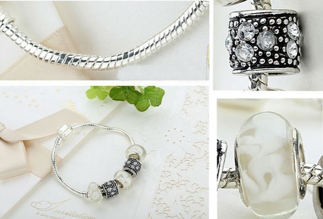 สร้อยข้อมือ Diy สไตล์ Pandora กำไลข้อมือ ใส่ Glass Bead สีขาว ไข่มุก สีสวย สลับ Charm ลายเงินโบราณ ใส่ เพชร CZ สวยหรู 395704
