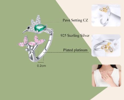 แหวนผู้หญิง แหวนเงินแท้ 925 ฝังเพชร CZ AAA แหวนเพชร ลายนก Hummingbird อัญมณี สีเขียว มรกต แหวนหมั้น 513814