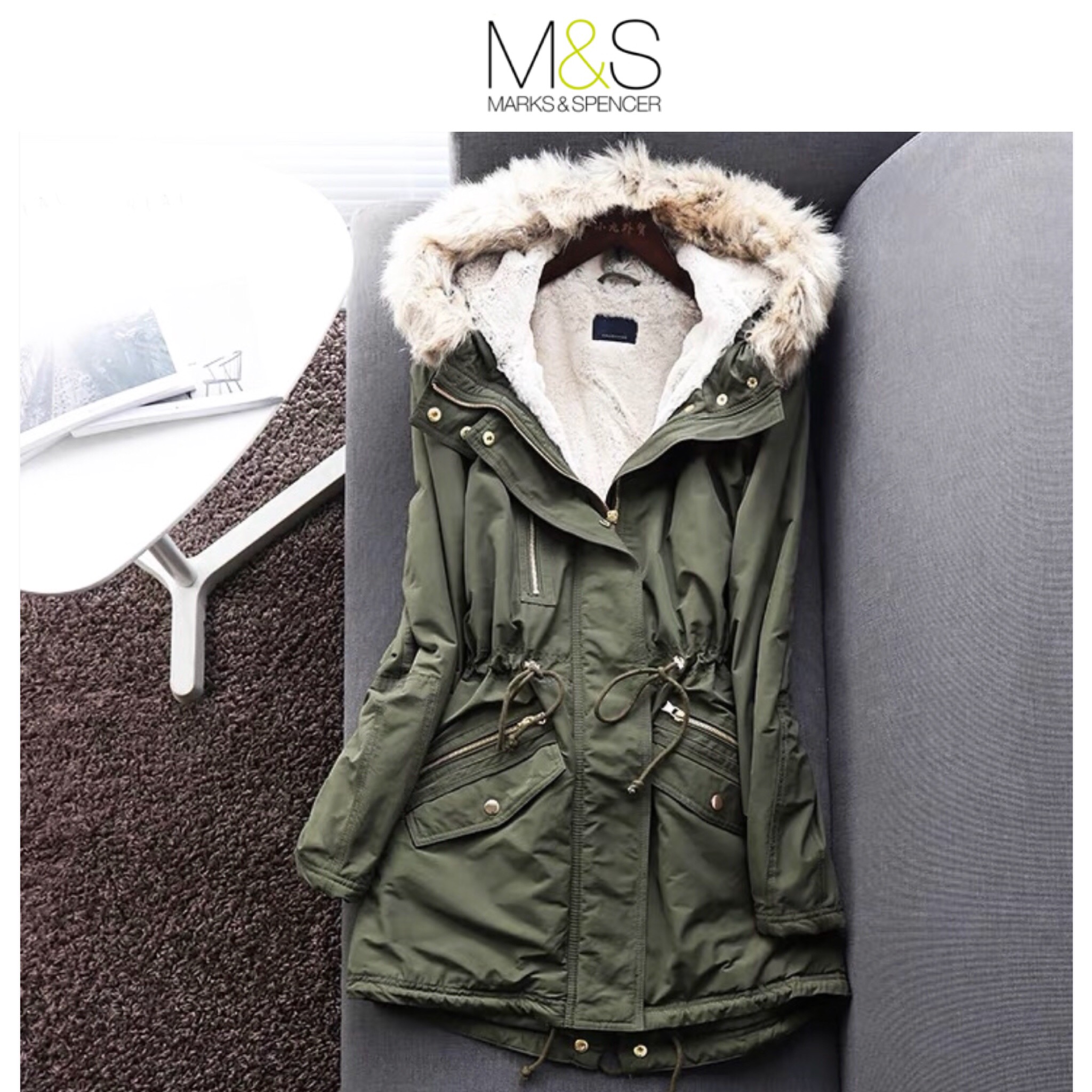 M&S collection (Marks&Spencer) เสื้อฮูท เสื้อโค้ทฮูท กันหนาว สีเขียว ติดเฟอร์ แบรนด์M&S Collection แต่งซับขนอุ่น (ขนเฟอร์ถอดได้คะ) สำเนา เขียว