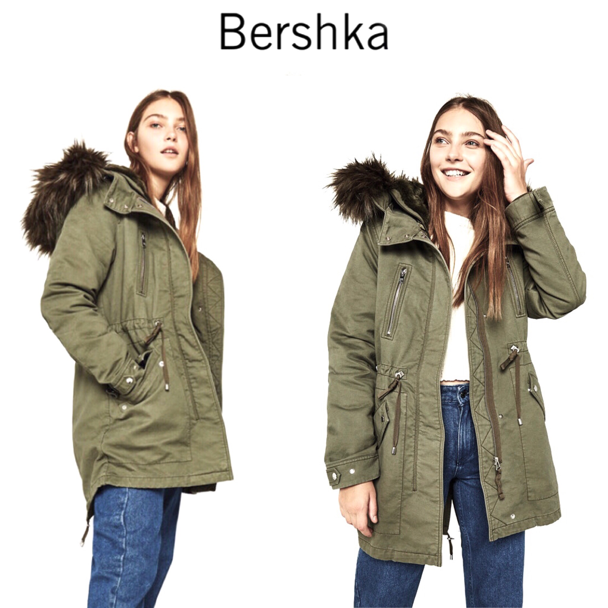 เสื้อโค้ทฮูท BERSHKAกันหนาว Parka สีเขียวแต่งขนเฟอร์ ซับขนอุ่นด้านใน (เฟอร์ & ขนอุ่นด้านใน ถอดได้คะ) งานสวย บุนวมอุ่น ใส่ติดลบได้เลยคะ Size XS/S/M/ L เขียว