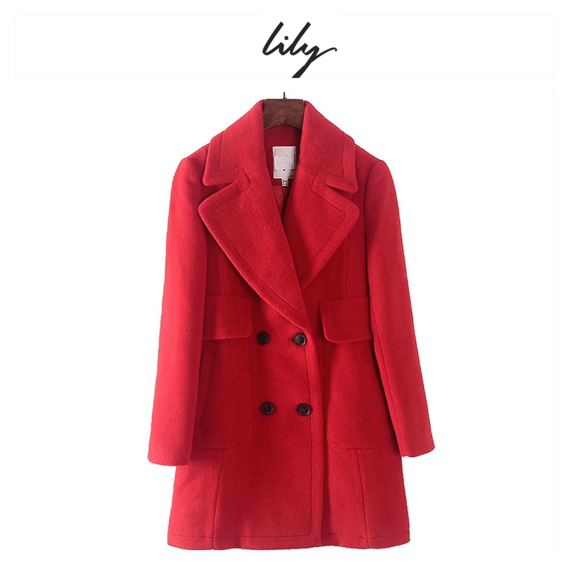เสื้อโค้ท เสื้อกันหนาว เนื้อผ้าสักหลาดวูล สีแดง แบรนด์LILY